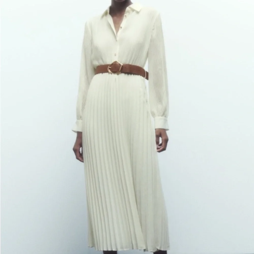 Zara Cream Long Sleeve Pleated Dress - Picture 1 of 8